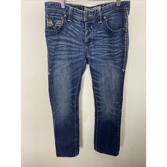 Affliction Ace Men 31X29 Jeans Denim Straight Biker Thick Stitch Hemmed - Picture 2 of 7